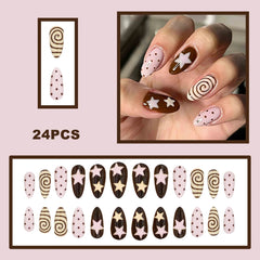 Cyflymder 24pcs Korean Style Fake Nails Pink Brown Spiral Stripes Five-pointed Star Pattern Press On Nails Ins Polka Dot Almond False Nail