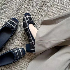 Cyflymder New Square-Toe Flat Plaid Single Shoes, Casual Soft Sole, Fashionable Shallow Mouth, Versatile Slip-On Flats