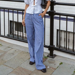 Cyflymder Women Striped Pajama Pants Elastic Waist Straight Wide Leg Trousers Casual Loose Fit Going Out Bottoms with Pockets