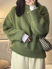 Cyflymder New O-Neck Loose Green Pullover Sweater For Women Autumn Winter Thick Retro Japanese Lazy Style Interior Bottom Knitted Top