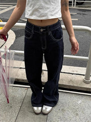 Cyflymder Women's Retro Embroidery Wide Legs Jeans High Waist Large Size Trousers Cool Girl Casual Bottoms Female Summer Solid Color Pants