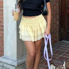 Cyflymder Women Tiered Ruffle Mini Skirt Preppy Cute Elastic Waist Flowy Chiffon Micro Skirt Coquette Y2K Summer Skirt Bottoms