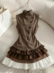Cyflymder 2Pcs Women Outfit Retro Plaid Short Sleeve Top High Waist Pleated Skirt Y2K Harajuku Style Casual Street Clothing For Hot Girls