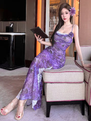 Cyflymder Dresses Women Lace Patchwork Mesh Sleeveless Vintage Sexy Slim Floral Printed Temperament Elegant Dress Party Female