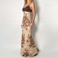 Cyflymder Women's Elegant Brown And Cream Floral Maxi Slip Dress Lace-Trimmed Spaghetti Straps, Vintage-Inspired Floor-Length Outfits Chic