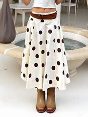 Cyflymder Women White A-Line Skirt Dots Print High Waist Midi Skirt Elegant Swing Skirts for Daily Leisure and Work