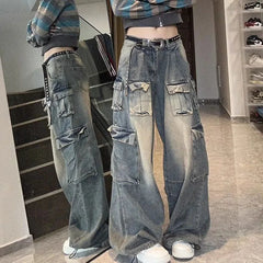 Cyflymder New Blue Baggy Cargo Jeans Women Harajuku Y2K 90S Retro High Waist Denim Trousers Hip Hop Pockets Wide Leg Cowboy Pants