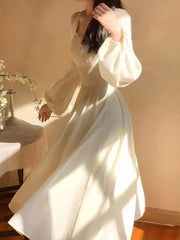 Cyflymder Spring French Elegant Solid Midi Dress Woman Long Sleeve Fairy Party Dresses Casual One Piece Dress Korean Female Fashion