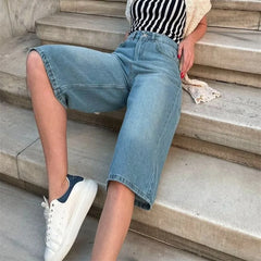 Cyflymder Vintage Casual Mid-length Jeans Women Summer Straight Seven-quarter Pants Female Trend Streetwear Washed Denim Mid Trousers