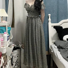 Cyflymder Summer Women's Camis Ruffles Plaid Striped Bow Slash Neck Pullover with Pleats Fashion Casual Elegant Office Lady Knee Dress