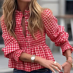 Cyflymder Women Fashion Plaid Print Commuting Shirt Elegant Stand Collar Puffed Sleeve Autumn Blouse Lady Casual Single breasted Slim Tops
