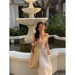 Cyflymder Fairy White Midi Dress Women Fashion Vacation Beach Spaghetti Strap Dresses Summer Korean V Neck Lace Up Bodycon A Line Vestidos