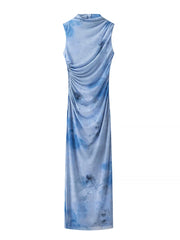 Cyflymder Tie-dyed Folds Mesh Women Dress Summer Casual Sleeveless Blue Maxi Dress Back Zipper Long Beach Party Vestidos Boho Dress