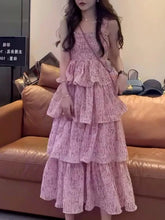 Cyflymder New Pink Print Pleated Summer Party Dress Women Vintage Suspender Seaside Holiday Ruffles Cake Elastic Floral Midi Dress