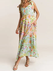 Cyflymder Women s Boho Floral Print Sleeveless Dress with Tie-Up Straps and Backless Design Perfect for Summer Beach Parties and