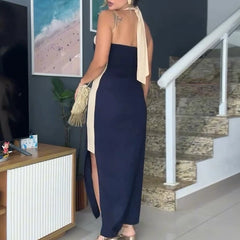 Cyflymder Women Elegant Backless Split Lace Up Long Dress Casual Contrast Color Halter Party Dress Sexy Off Shoulder Sleeveless Slim Robes