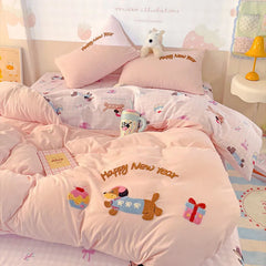 Cyflymder Cartoon Printed Cloud Cotton Bedding Soft Set Sweet Washed Skin-Friendly Bedclothes Sets Single Textile Supplies for All Seasons