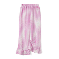 Cyflymder Elastic Waist Casual Ruffled Hem Wide Legs Pants for Women Summer Fall Plaid Loose Long Trousers for Streetwear Lounge Bottoms