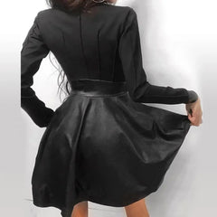 Cyflymder Women's long sleeved zipper pocket hemp imitation leather lace mini dress women's clothing elegant and fashionable party dress