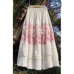 Cyflymder Vintage A-line Casual Skirt Women Spring Summer Sweet Chic Splice Lace Pig Print Big Swing Elastic Waist Skirts Cute 272B