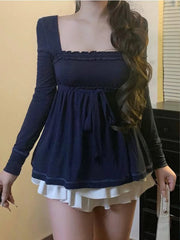 Cyflymder Womens Long Sleeve Square Neck Babydoll Tops Bow Tie Shirred Ruffle Shirt Y2k Vintage Aesthetic T Shirt Slim Fit Blouse