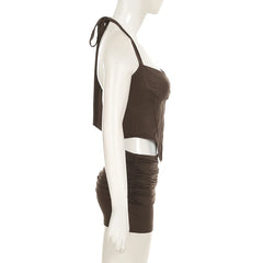 Cyflymder Two Piece Set Lace Up Halter Backless Fishbone Corset Crop Top & Shorts Fashion Clubwear Women Streetwear Suit 2025 New