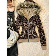 Cyflymder Leopard Print Fur Collar Slim Fit Hooded And Velvet Short Street Jacket Y2K Millennium Spicy Girl Retro American Casual Punk