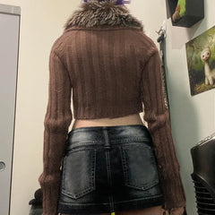 Cyflymder Autumn Winter American Vintage Detachable Fuxr Fur Collar Top Y2k American Knitted Buttons Sweatters Harajuku Punk Women Jumpers