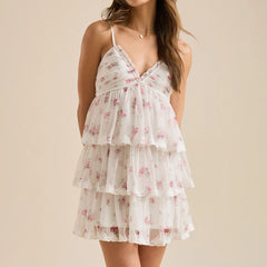 Cyflymder Women s Floral Mini Dress A Line Stylish Print Mesh Layered Ruffles V Neck Spaghetti Strap Cami Dress for Summer