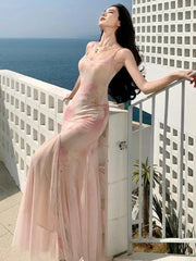 Cyflymder French Women Pink Print Patchwork Lace High Waist Backless Party Dress Summer Sexy Vacation Spaghetti Strap Pleated Long Dresses