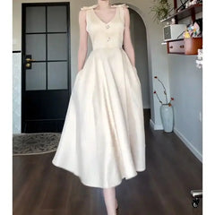 Cyflymder Summer Champagne Bow A Line Dress Women Elegant Slim Waist Party Dress