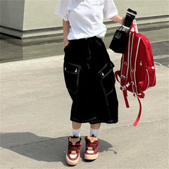 Cyflymder Summer Women's Big Pocket Wide Leg Cropped Black Pants Cool Girl Calf-length Trousers Female High Waist Loose Retro Capris Pant