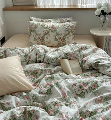 Cyflymder Romantic green pink flower bedding set,twin full queen fresh fashion floral cotton home textile sheet pillow case quilt cover