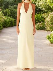 Cyflymder Elegant Maxi Dress with Boho Floral Print and Halter Neckline Sexy Backless V-Neck Sleeveless Dress for Summer Beach Party