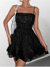 Cyflymder Women's Sexy Backless Tie Up Sequin Cami Mini Dress Sleeveless Double Layer Mesh Fashion Club Party Short Dresses Black