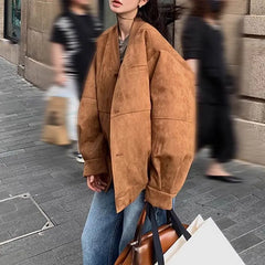 Cyflymder Vintage Brown Bomber Jackets Women Autumn Single Breasted Full Sleeve Female Coats Fashion Streetwear Office Baseball Outerwears