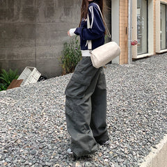 Cyflymder 100% Cotton Women Cargo Pants Loose Y2K Wide Leg Pants Fashion Designed Pockets Female Baggy Trousers New