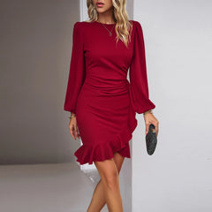 Cyflymder Women's Elegant Puff Sleeves Dress Crew Neck Solid Slim High Waist Irregular Ruffle Fishtail Hem Female Mini Cocktail Dresses