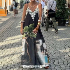 Cyflymder Vintage Women V Neck Sleeveless Holiday Dress Casual Off Shoulder Hollow Swing Beach Dress Loose Suspender Summer Bohemian Dress