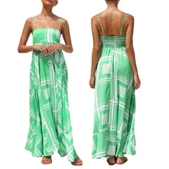 Cyflymder Spaghetti Straps Flowy A-Line Long Dress Women's Summer Printed Backless Sleeveless Slip Swing Dress for Party Vacation Street