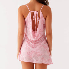 Cyflymder Women Summer Fashion Sleeveless Swing Collar Back Bandage Mini Dresses Flower Sequins Beaded Embroidery Cowl Neck Cami Dress