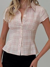Y2K Plaid Blouse Women's Summer French Style Button-up Turn-down Collar Shirt Vintage Streetwear Chic Elegant Tops