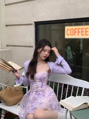 Cyflymder Light Purple Floral Print Chiffon Strap Corset Dress y2k vestidos de noite bodycon dress femme elegante robe sexy v plus size