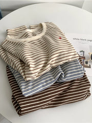 Cyflymder Love Embroidery Striped Sweatshirt Women Casual O Neck Cute Pullovers Korean Fashion Loose Long Sleeve Sweet Elegant Tops