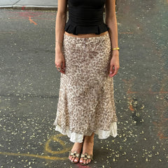 Cyflymder Fashion Leopard Print Double-Layered Long Skirt for Women New Trendy Slim Fit Ruffle Hem A-line Skirt Elegant Streetwear