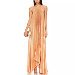 Cyflymder Halter Cross Straps Long Pleated Asymmetric Hem Sleeveless Backless Elegant Evening Long Maxi Dresses Sexy Holiday Chic Summer