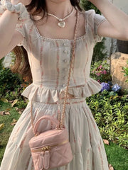 Cyflymder Summer Korean Ruffles Fairy 2 Pieces Set Vintage Women Square Collar Princess Kawaii Floral Print Blouse+High Waist Skirts Suits