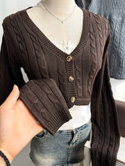 Cyflymder Brown Cropped Knitwear Women Cotton Twisted Flower V-neck Long Sleeve Slim Crop Tops Sweater Vintage Chic Sweater Cardigan Y2K
