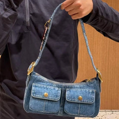 Cyflymder Women Denim Vintage Satchel Bag High Quality Cowboy Shoulder Bag Multi-pocket Designer Handbags Commuting Totes Bag for Ladies