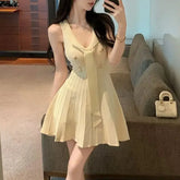 Cyflymder Fashionable French Style V-Neck Bandage Mini Dress Female Vintage Sleeveless Summer Elegant Folds Waist A-Line Knitted Dresses
